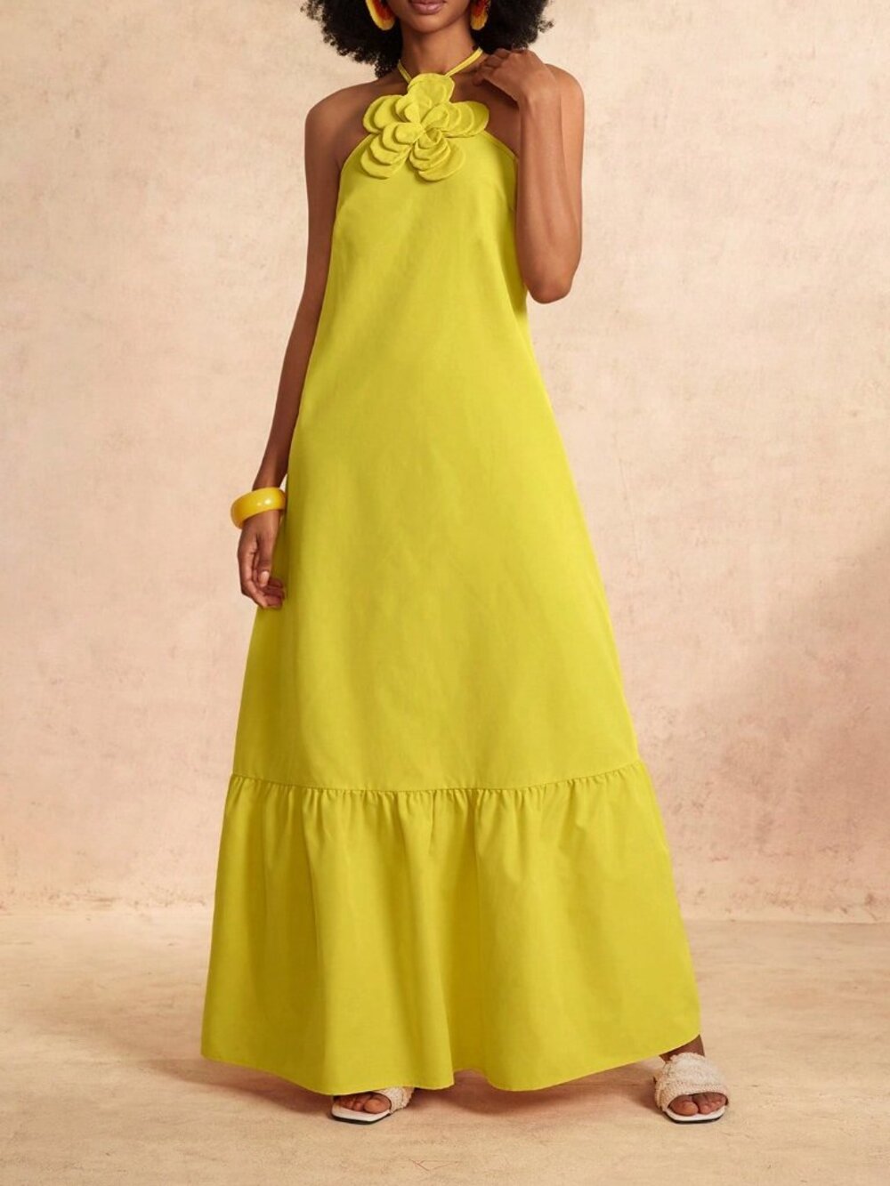 Yellow Casual Women's Halter Tie-Up 3D Floral Decor Open Back A-Line Dress - Picture 7 of 8